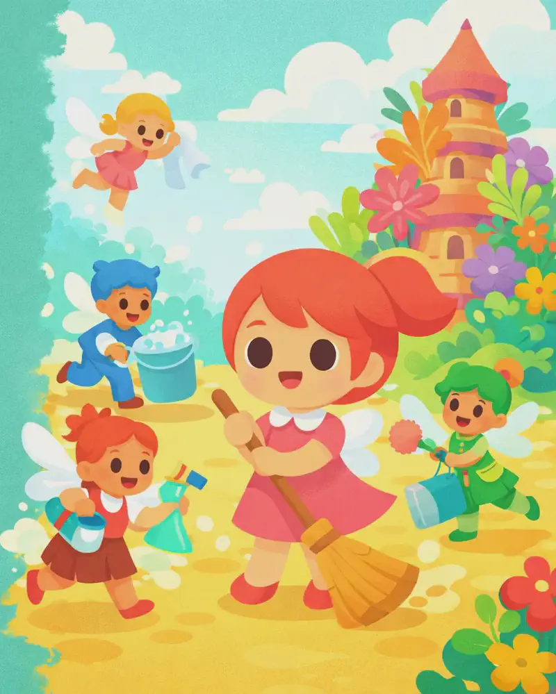 On the right side of the image, Kate — with her coral-red hair and pink A-line dress — is among a group of fairies energetically cleaning and tidying. The fairies are bustling about — some are flying, some are running across a warm golden floor, all with cheerful, excited expressions. Kate and the other fairies carry brooms and cleaning supplies as they rush around. In the background on the right, a colourful tower with vibrant oversized flowers and lush foliage rises into a bright, cloud-dotted sky. The left side of the image is plain teal-green sky, left clear for text.