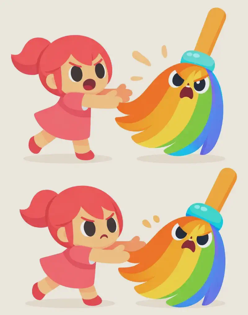 On the left side of the image, two sequential panels show Kate attempting to grab The Rainbow Broom. In the top panel, Kate reaches forward with a determined expression, trying to grasp The Rainbow Broom — a teardrop-shaped feather duster with flowing rainbow-coloured bristles in orange, yellow, green, and blue stripes, a turquoise band collar, and a warm orange wooden handle — which appears to be pulling away from her with an angry, growling face in the centre-upper area of its bristles. In the bottom panel, Kate leans in closer with a frustrated expression while The Rainbow Broom continues to resist, looking cranky and defiant with its large round white eyes narrowed. The scene is set indoors against a plain, warm cream background. The right ~40% of the image is empty background suitable for text overlay.