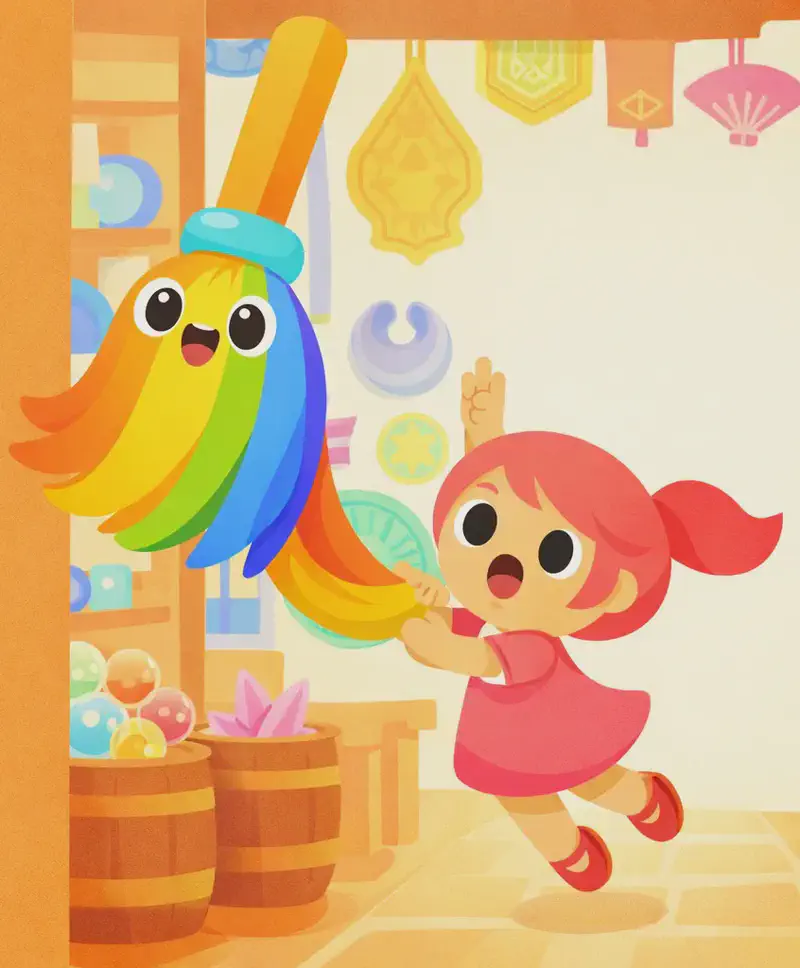 On the right side of the image, The Rainbow Broom is flying upward through what appears to be an indoor hallway lined with shelves, its rainbow-coloured bristles trailing below in flowing orange, yellow, green, and blue stripes. Kate is on the right, mouth wide open in a surprised and alarmed expression, gripping onto the bristle end of The Rainbow Broom as she is lifted off her feet, her red mary jane shoes dangling in the air. The background shows a display wall of colourful decorative items — shields, plates, fans, and ornaments — with glass baubles and wooden barrels on a countertop below. The left side of the image is a plain warm orange-tan background.