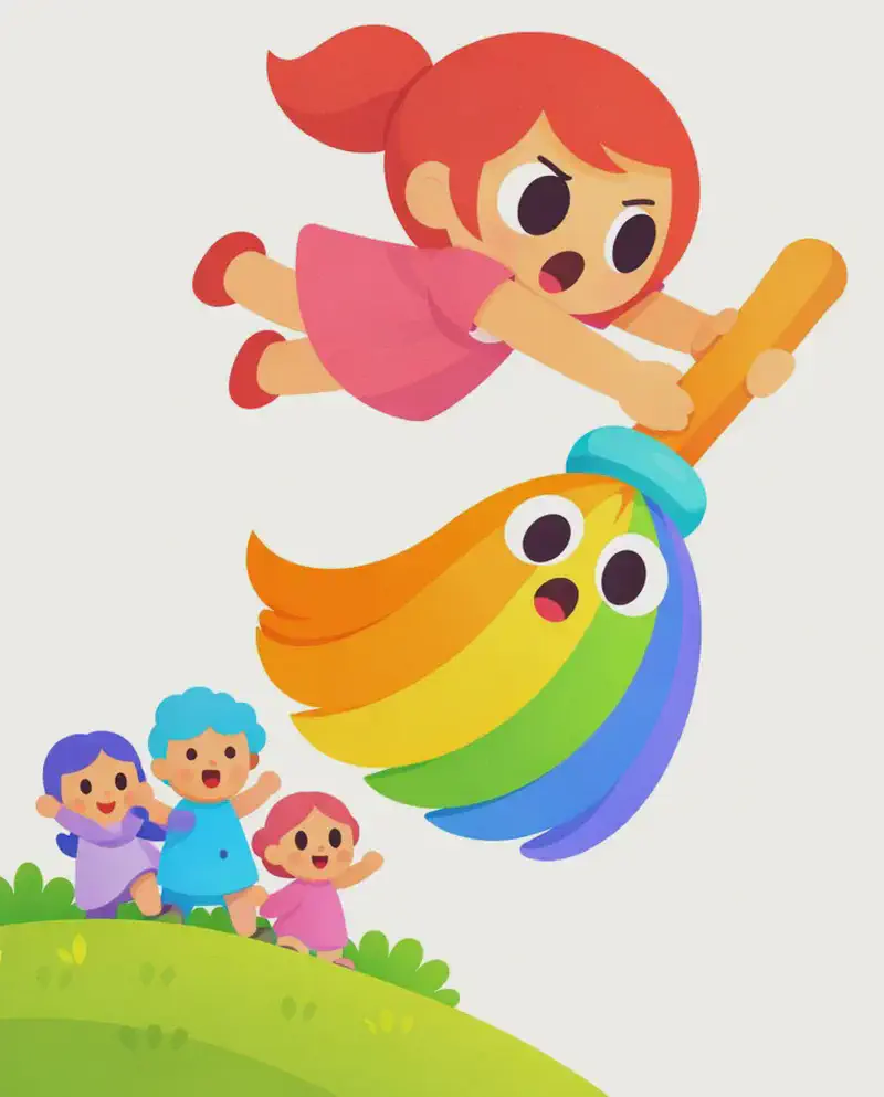 On the left side of the image, Kate leaps through the air with a determined expression, arms outstretched, diving onto The Rainbow Broom as it tries to fly away. She grabs the broom mid-flight, pulling it downward toward a grassy hilltop. The Rainbow Broom has its warm orange wooden handle at top and its teardrop-shaped body of flowing rainbow-coloured bristles below, with a startled expression on its face in the centre-upper area of the bristles. Below them on the hill, several small onlookers watch with surprised expressions. The right ~40% of the image is plain light blue sky background.