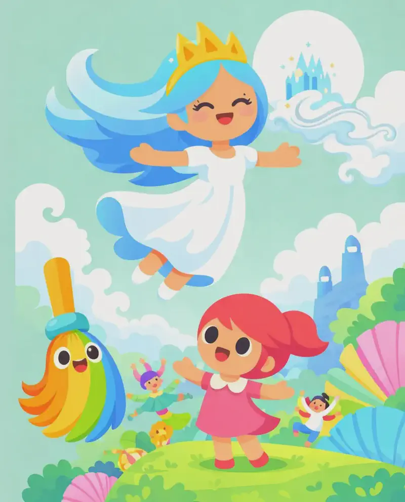 On the right side of the image, Kate stands on a grassy hilltop with arms spread wide, looking up at the sky with an excited expression, while The Rainbow Broom hovers nearby with a cheerful face in its clean rainbow-coloured bristles. The Wind Princess descends dramatically from the upper right, emerging from swirling clouds with arms outstretched and a joyful expression. She has long flowing sky-blue hair swept to the left, a golden three-pointed crown, and a flowing white gown with soft light-blue shading and light-blue ankle-strap shoes. A magical cloud castle is visible behind her in the sky. The scene is set outdoors on a bright day with a soft teal-green sky, colourful fan-shaped flora, and a whimsical tower in the background. The left ~40% of the image is plain teal-green background. Several small fairy-like figures cheer among the colourful plants on the right side.
