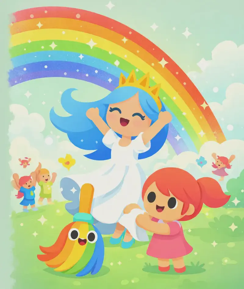 On the right side of the image, The Wind Princess stands tall with her arms raised, her long sky-blue hair flowing and golden three-pointed crown gleaming, gazing up admiringly at a large sparkly rainbow arching across the sky above her. She has a proud, joyful expression. Kate is visible in the lower right, holding The Rainbow Broom — now clean with vibrant rainbow-coloured bristles and a happy face — and wiping it down carefully, looking happy and proud. Several fairies surround them, celebrating with raised arms beneath the glittering rainbow. The scene is set outdoors against a soft, cloudy sky with swirling winds and sparkles.