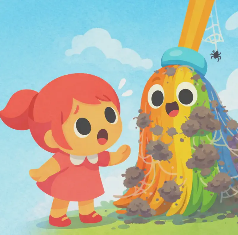 On the right side of the image, Kate is shown from a low angle, leaning forward with a surprised and concerned expression, mouth open in shock, as she examines The Rainbow Broom up close. The Rainbow Broom looms large beside and above her, its rainbow-colored bristles wild and tangled, covered in clumps of gray dirt and cobwebs, with a small spider dangling from its warm orange wooden handle. The broom's normally vibrant orange, yellow, green, and blue bristle stripes are dulled and matted with grime. The scene is set outdoors against a bright blue sky with soft clouds, and the left side of the image is plain sky, clear for text overlay.