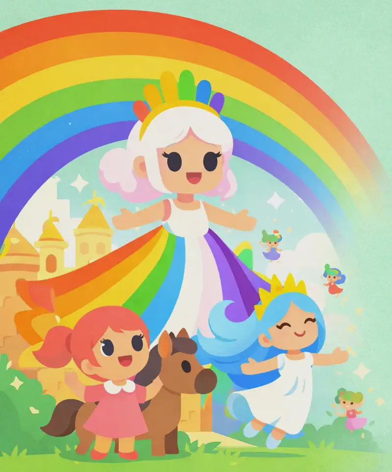On the left side of the image, The Rainbow Queen stands proudly at the center atop her tower, smiling warmly with her arms slightly outstretched. She wears her white sleeveless floor-length dress with bold rainbow stripes along the outer edges, its wide flowing skirt fanning out dramatically behind her, and her golden crown adorned with rainbow-colored feather-like points sits atop her fluffy white-to-pale-pink hair. A grand rainbow arches overhead. Kate is in the lower-left, looking up at The Rainbow Queen with an open-mouthed, joyful expression of pride, standing beside a brown horse. The Wind Princess stands just behind Kate, her long sky-blue hair flowing and golden three-pointed crown glinting, also gazing toward the tower with a happy expression. Small fairies flutter around the base of the tower near The Rainbow Queen, celebrating. The right ~40% of the image is plain soft green watercolor background.