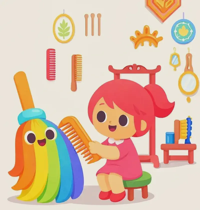 On the right side of the image, Kate sits on a small green-topped stool with red legs, smiling happily as she combs and smooths the bristles of The Rainbow Broom with a large orange comb held in both hands. The Rainbow Broom stands just to her left, its long, flowing bristles falling in wavy rainbow stripes of orange, yellow, green, and blue, with a friendly, happy face in the upper area of the bristles, a teal band at its collar, and a straight warm orange wooden handle rising upright above. Kate has bright red-pink hair in a side ponytail, dark round eyes, a pink dress with a white collar, and red shoes. The indoor scene is set in a cozy craft room with various combs, brushes, mirrors, and decorative framed items hanging on the wall behind them, a tall red wooden mirror stand standing behind Kate, and a small red table nearby holding a blue brush and other grooming items. The left side of the image is open, plain cream background space.