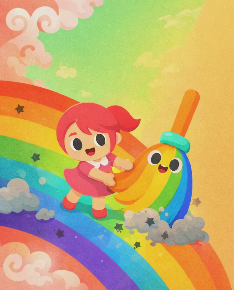 On the left side of the image, Kate stands on a large, curving rainbow, smiling with a determined expression as she sweeps away clouds of grey dust and dark star-shaped debris from the rainbow's colorful stripes. She is holding The Rainbow Broom, whose teardrop-shaped body of clean, vibrant rainbow-colored bristles fans out at the sweeping end, and who has a cheerful, happy face in the center-upper area of its bristles with large round white eyes and a small open mouth. Together they are actively brushing the grime off the bands of red, orange, yellow, green, blue, and purple. The scene is set outdoors against a bright green and warm golden sky with swirling pink and orange clouds in the upper-left corner. The right side of the image is plain warm golden background.