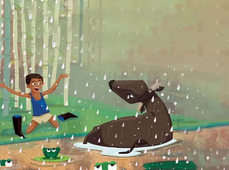 A happy boy runs through the rain near bamboo trees while his water buffalo friend sits in a puddle. Green frogs watch from lily pads.
