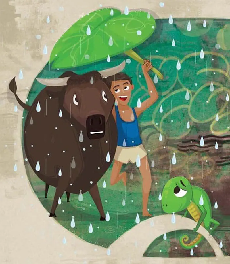A boy holds a large green leaf as an umbrella over himself and his water buffalo friend in the rain. A chameleon watches nearby.