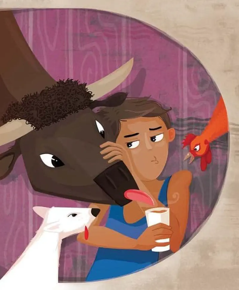 A tired boy wipes his brow while surrounded by farm animals including a water buffalo, goat, rooster, and cat. The scene has warm pink and purple tones.