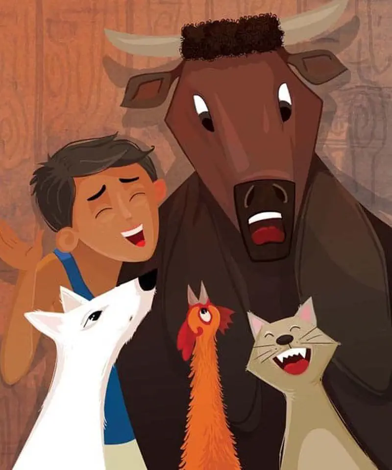 A close-up of a boy laughing joyfully with his animal friends - a water buffalo, white goat, orange rooster, and gray cat - all appearing to sing or call out together.