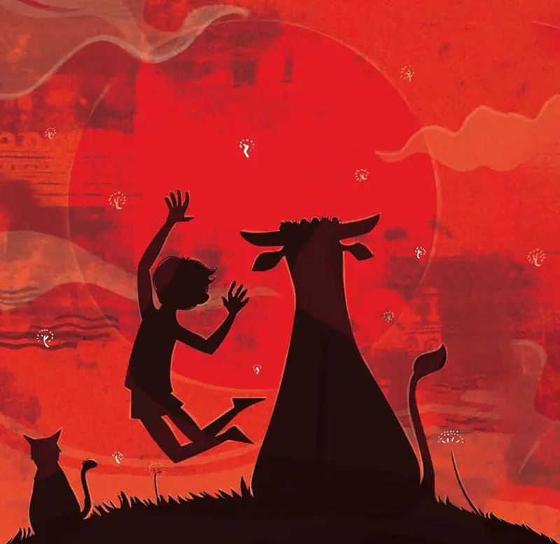 Silhouettes of a boy, water buffalo, and cat against a vibrant red sunset sky with small footprint shapes floating in the air. A peaceful evening scene.