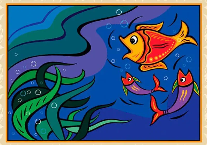 An orange and red fish swims with two smaller fish companions near flowing green seaweed in a deep blue underwater scene with bubbles.