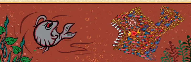 A gray fish with sharp teeth faces a large formation of colorful small fish swimming together in the shape of a giant fish against a brown-red background.