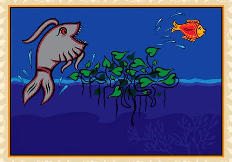 A scary gray fish with sharp teeth approaches floating seaweed while an orange and red fish swims away to the upper right in blue water.