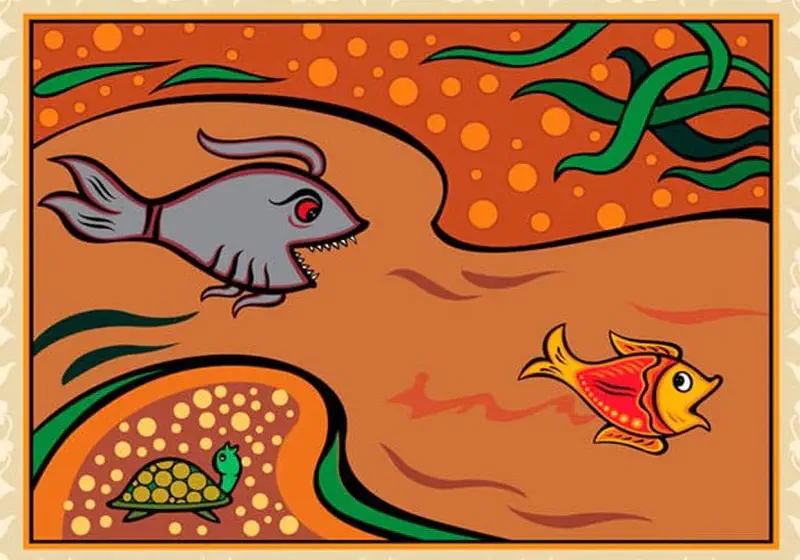 A gray fish with sharp teeth chases an orange and red fish through an orange-brown underwater scene. A spotted turtle watches from the sandy bottom.