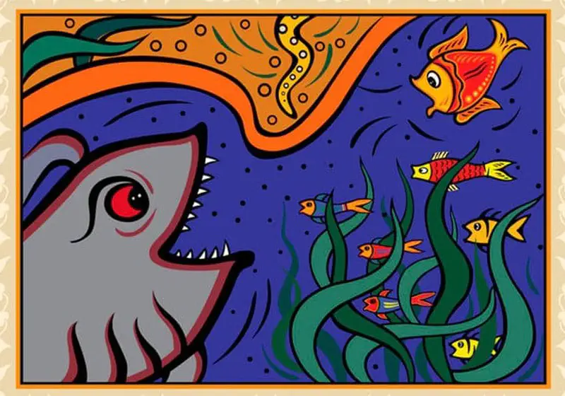 A large gray fish with sharp teeth threatens a school of colorful small fish hiding in green seaweed. An orange fish watches from the upper right corner.