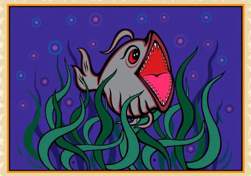 A gray fish with its mouth wide open showing sharp teeth and pink tongue swims among green seaweed in purple water with bubbles.