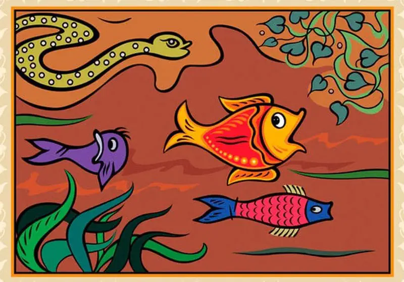 An orange and red fish swims with purple and pink fish companions while two yellow eels watch from above in a warm brown-orange underwater scene with seaweed.