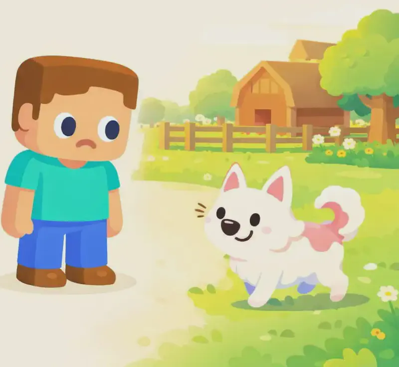 On the left side of the image, Steve stands on the grassy field looking down at The Dog with a mix of relief and disappointment, his shoulders slightly slumped — it's not Alex. On the right side, The Dog stands facing the viewer with a happy expression and tail curled up, a small round-bodied dog with a fluffy white coat, thin black stick-like legs, and pink accents. Behind them, a farm with a wooden barn and fenced area is visible in the mid-ground, surrounded by green trees and flowers. The Dog is mid-trot, about to cheerfully head off on its own adventure. The scene is set outdoors in warm golden-hour lighting with a soft sky and gentle clouds.
