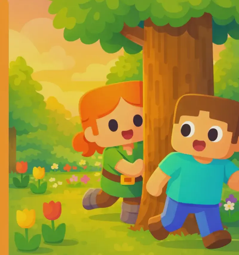 On the right side of the image, Steve stands facing a large tree trunk, his eyes wide with excitement and surprise as he spots something. Partially hidden behind the tree, Alex peeks out — her leg and part of her green tunic and orange hair visible as she is caught mid-movement trying to dart away to a new hiding spot. The outdoor scene is set in a warm golden-hour garden with colorful tulips and flowers scattered across a grassy area, with lush green trees and a sky with golden and pink-tinged clouds in the background.