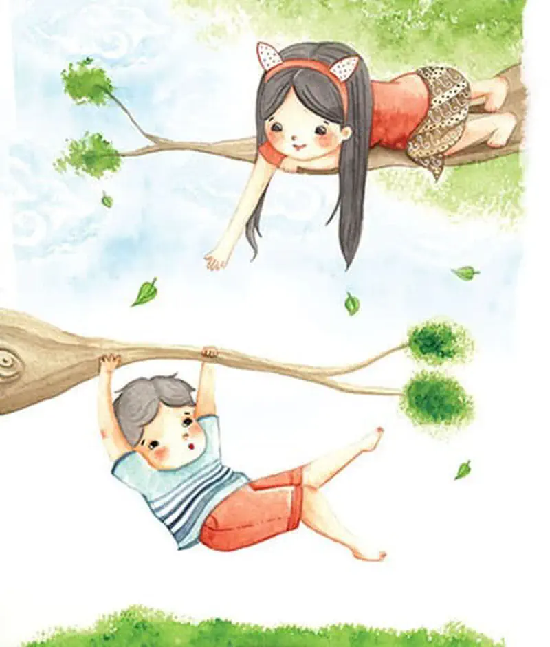 A girl lies on a high tree branch reaching down toward a boy hanging from a lower branch. Green leaves fall around them against a blue sky.