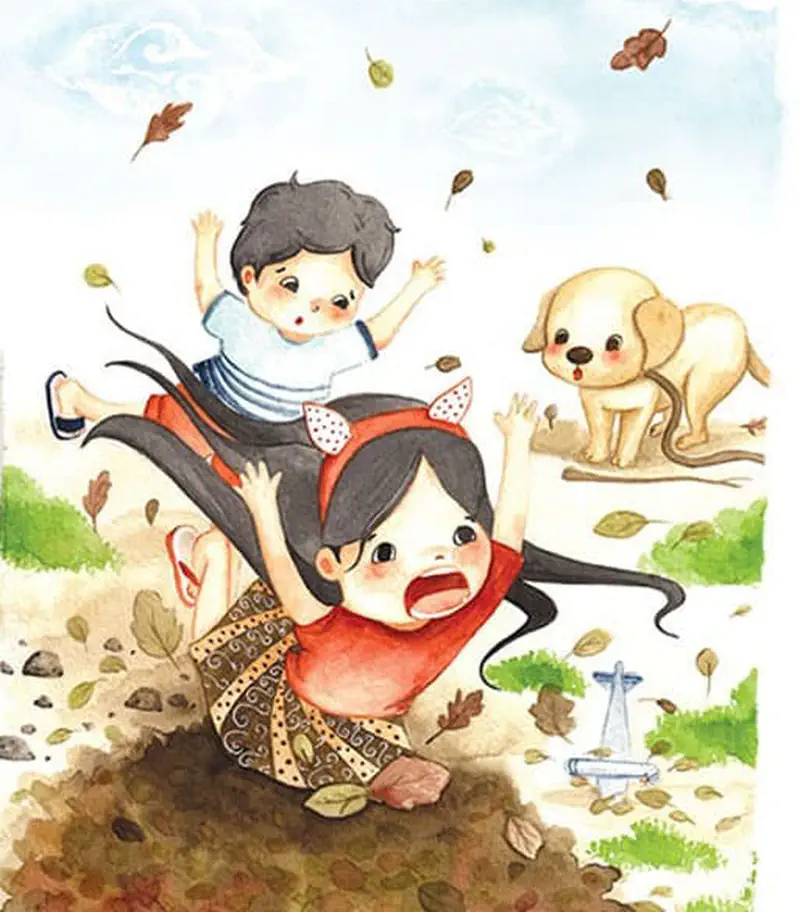A girl falls forward carrying her brother on her back as leaves scatter around them. Their dog watches from behind near a broken toy airplane.