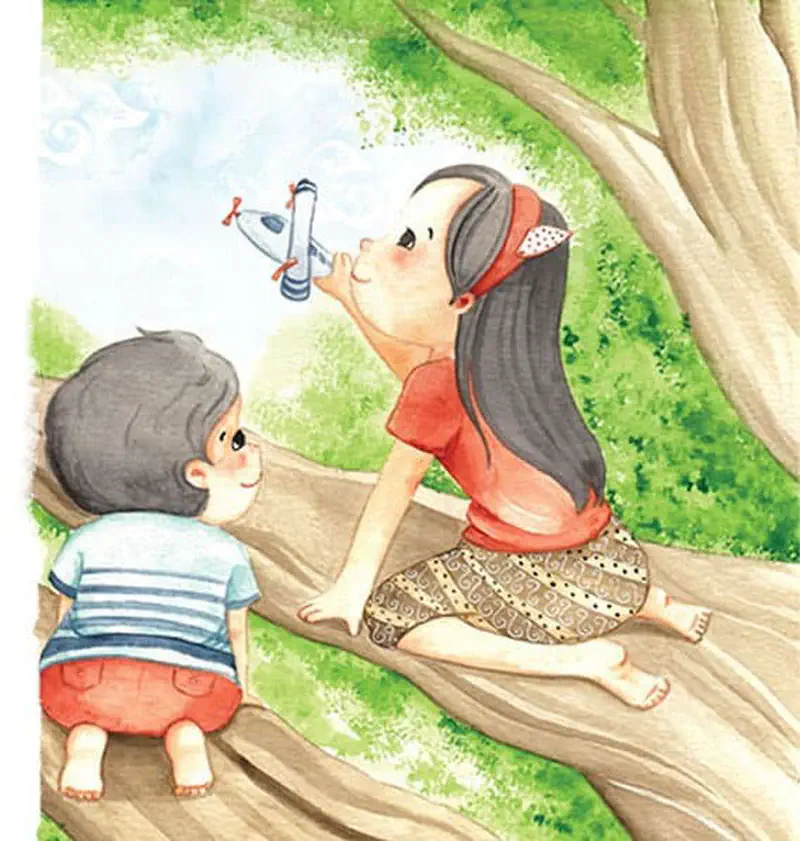 A girl sits on a large tree branch holding a toy airplane while her little brother in striped shirt watches from below against lush green foliage.