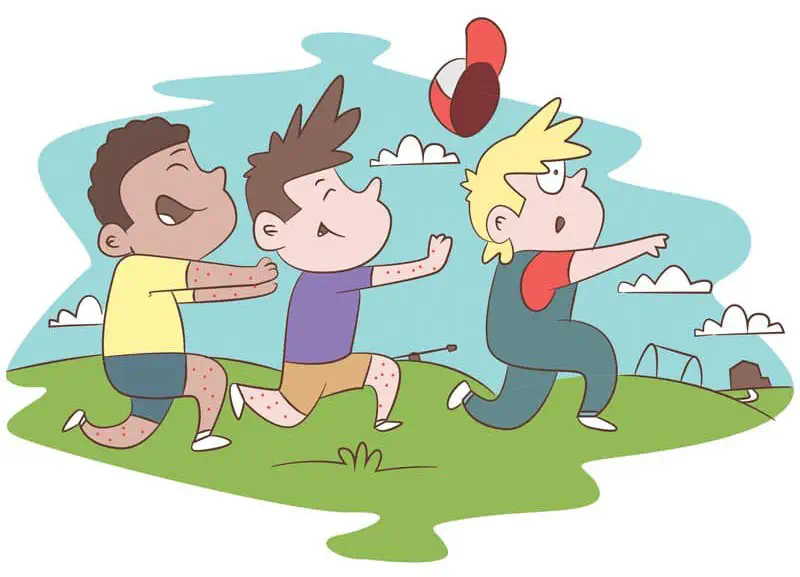 Two boys with red spots chase a scared Ted across the park as his cap flies off his head.