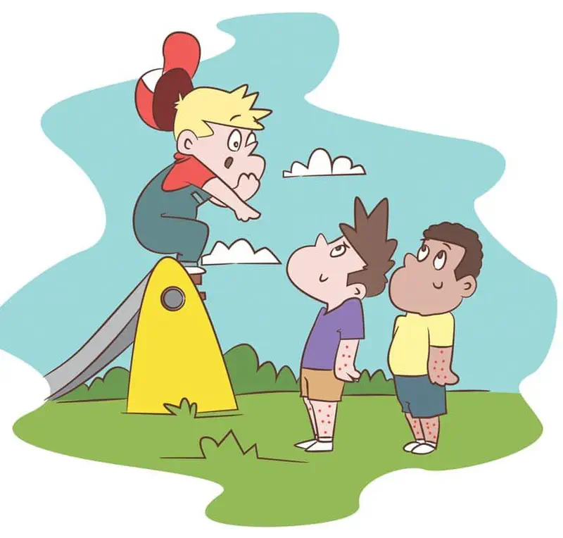 Ted looks shocked on top of the slide as two boys approach showing off red dots on their arms and legs.