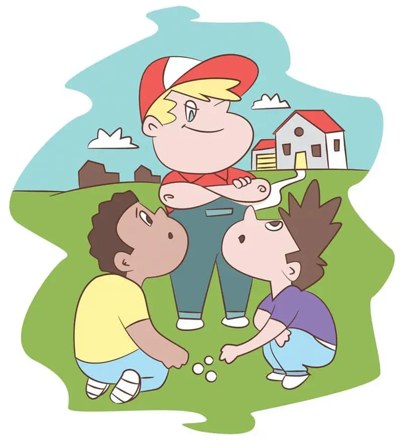 Ted stands with arms crossed looking smug while two boys sit on the grass playing with marbles, looking up at him with concern.