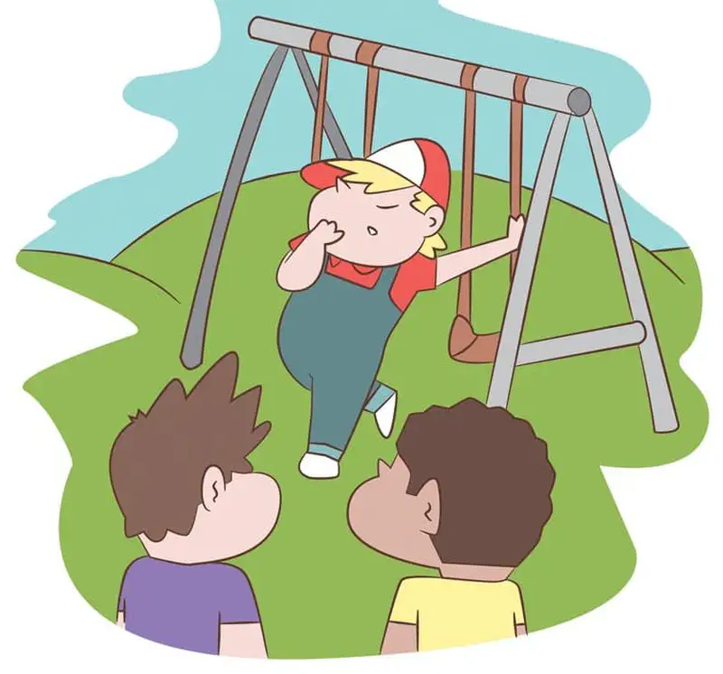 Ted leans against a swing set yawning rudely while two boys watch from nearby, unable to use the swings.
