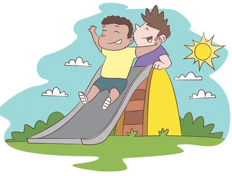 Two happy boys play on the slide together on a sunny day, free to enjoy the park without Ted around.