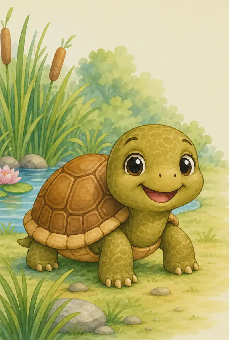 A clear, calm full-body view of a turtle so the reader can see the scaly skin and hard, hollow shell. The turtle stands in a simple natural setting (grass or near water). Mood: gentle and introductory.
