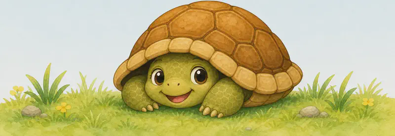 Tatiana with her head and limbs partly tucked into her hollow shell, peeking out calmly — showing how she hides safely. Her posture is relaxed and unhurried. Setting: a quiet patch of grass. Mood: tranquil, safe.
