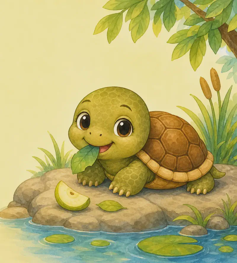 Tatiana munching slowly on a piece of fruit or a leaf, while resting on a sunny rock at the edge of a small pond. A bit of water can be visible to suggest swimming. Mood: peaceful and content.