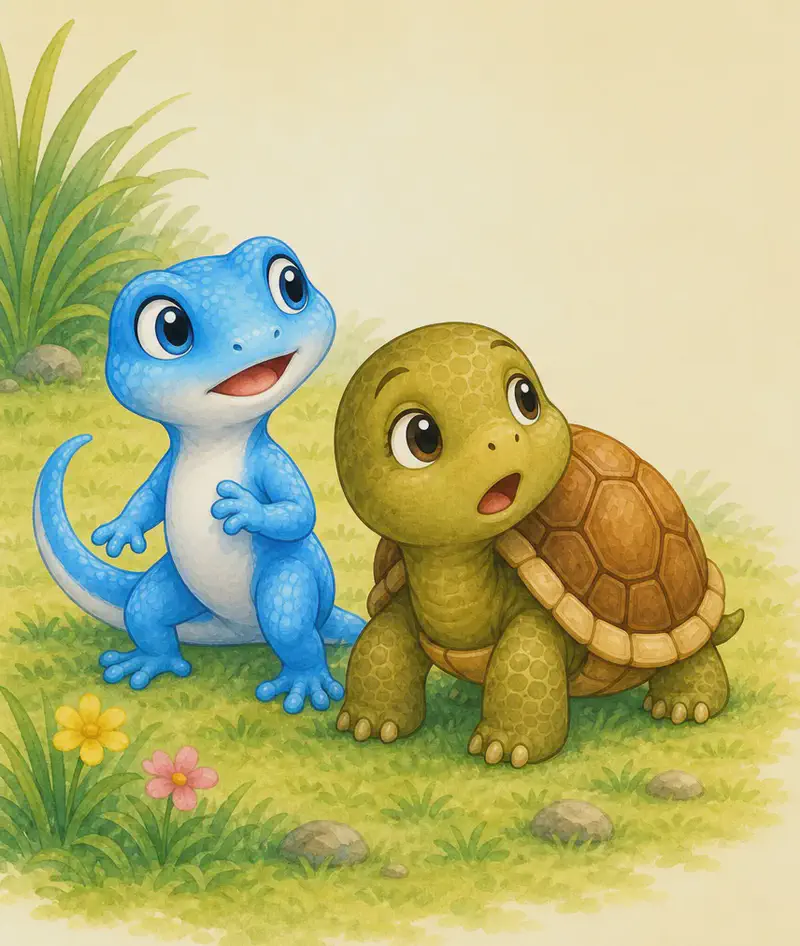 Tatiana, a small bright-blue gecko with a white belly, and Luisa, a young green-brown tortoise with a domed brown shell, together in a sunny grassy spot on the left side of the composition, with a plain warm cream background on the right. Both characters look up and aside with wide eyes and open mouths, surprised expressions as they hear distant barking. Tufts of grass, small stones, and a yellow and a pink flower dot the ground. Mood: playful turning to alert.