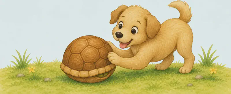 Tatiana is fully retracted into her hard, hollow shell, looking from a distance just like a smooth round shape. The dog stands over her with paws nudging the shell, head tilted, mouth open in a playful pant, mistaking her for a ball. Setting: same grassy spot. Mood: misunderstanding, the dog is playful but Tatiana is hiding fearfully.