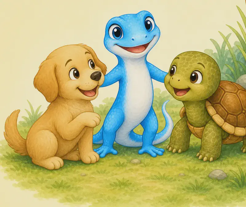 All three friends together, playing happily and gently. Tatiana has come out of her shell with a relieved smile; the dog is sitting down apologetically but happy; Luisa is between or beside them, clearly the peacemaker. Mood: reconciliation, friendship, gentle play.