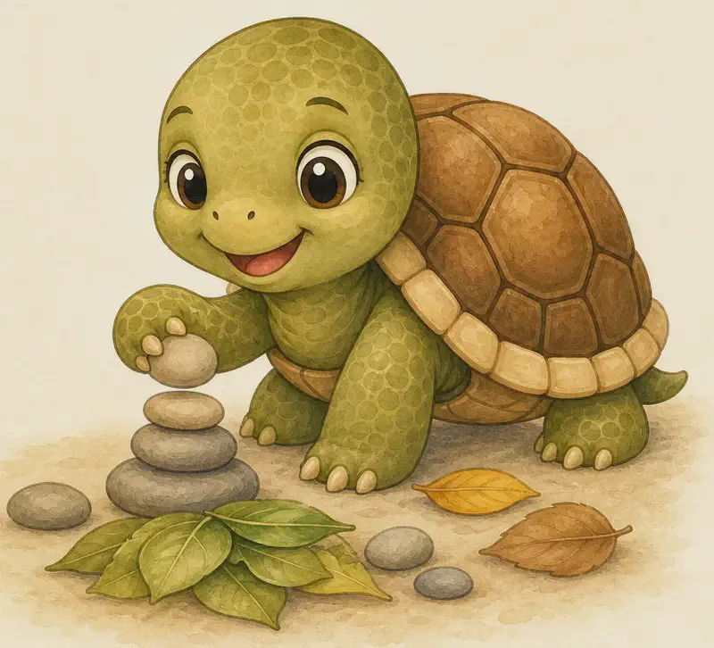 Tatiana is doing a simple task — perhaps slowly sorting a small pile of leaves or carefully arranging a few stones. She is focused but in no rush. Simple background.