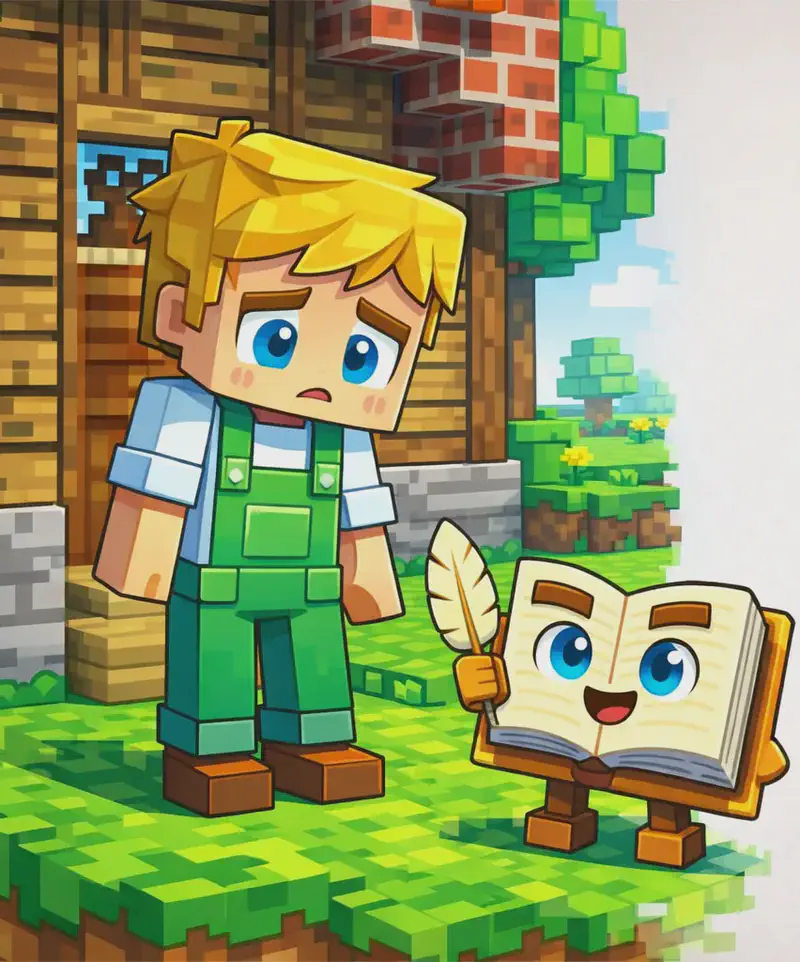 On the left side of the image, Ned stands in front of a wooden house with red brick details, looking down with a worried, uncertain expression and a small open frowning mouth. He has a large square head with short golden-blond hair with side-swept bangs, large round bright blue eyes with dark brown eyebrows, and wears a white short-sleeved t-shirt under green overalls with visible front pocket details and brown shoes. He stands upright with arms slightly out. The Book stands on the grass at his feet on its two short blocky brown legs, its open cream pages facing up toward Ned, with large round bright blue eyes, dark brown rectangular eyebrows, a small open smiling mouth, and holding a tan golden quill feather pen in its right hand. The scene is set outdoors in daylight on a blocky grassy yard beside the wooden and brick house, with a low grey stone wall, a leafy green blocky tree by the house, and a smaller tree, yellow flowers, and blue sky with a white cloud in the distance. The right ~50% of the image is plain white/light background, clear of characters or detail.