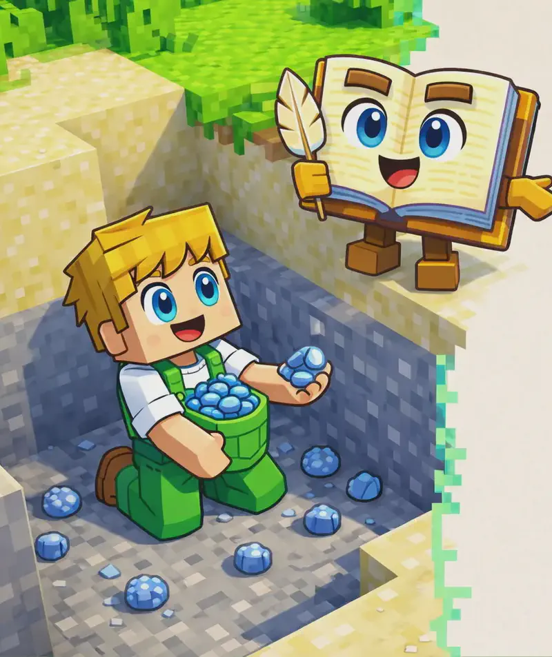 On the left side of the image, viewed from a slightly elevated angle, Ned is kneeling in a gray clay pit, scooping up small blue spheres of clay scattered on the ground with a grin on his face, his pockets visibly stuffed full. The Book floats at the edge of the pit, open pages facing Ned, encouraging him to pick up more. The scene is set outdoors in a Minecraft-style blocky world, with sandy terrain and bright green grass blocks visible in the background. The right side of the image is plain light beige/sandy background.