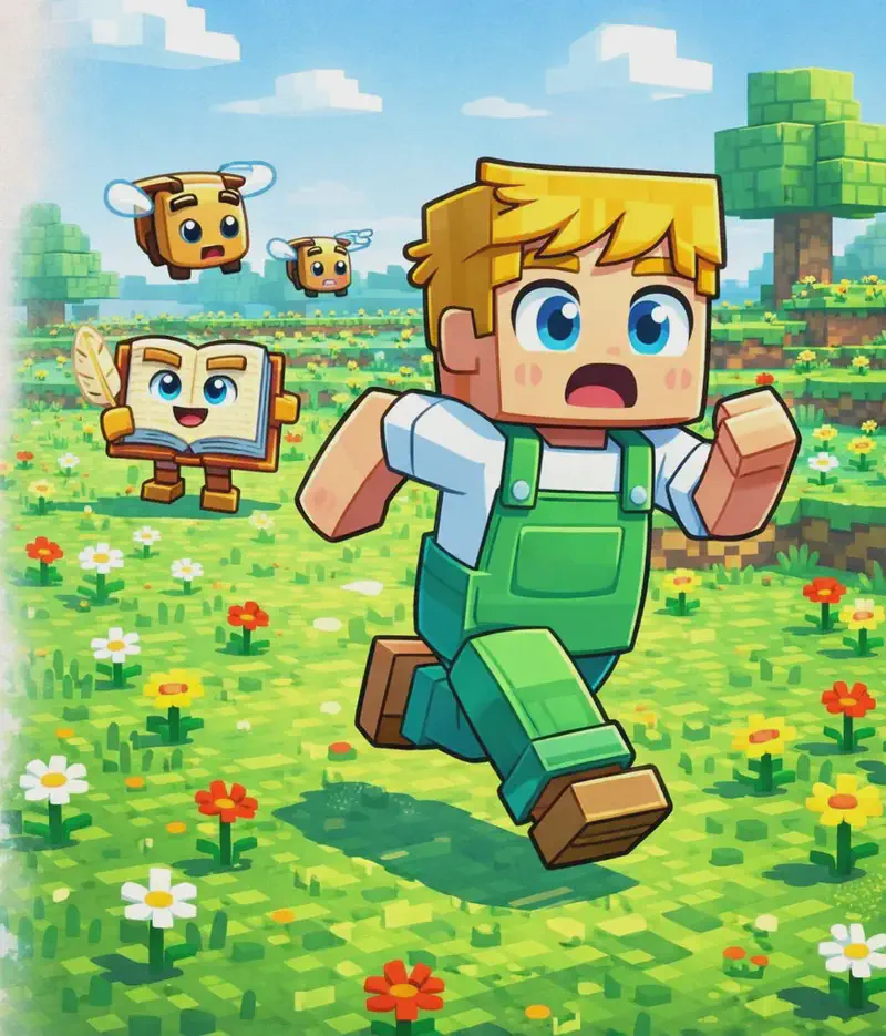On the right side of the image, Ned is running through a grassy outdoor field dotted with white, red, and yellow flowers, with a panicked, wide-eyed expression, arms pumping as he flees. Several angry bees with visible wings buzz close behind him in pursuit. The Book floats further back in the field, open pages facing the viewer, calling out to Ned. The scene is set in bright daylight on rolling green terrain with trees and hills in the background. The left ~40% of the image is plain light background reserved for text.