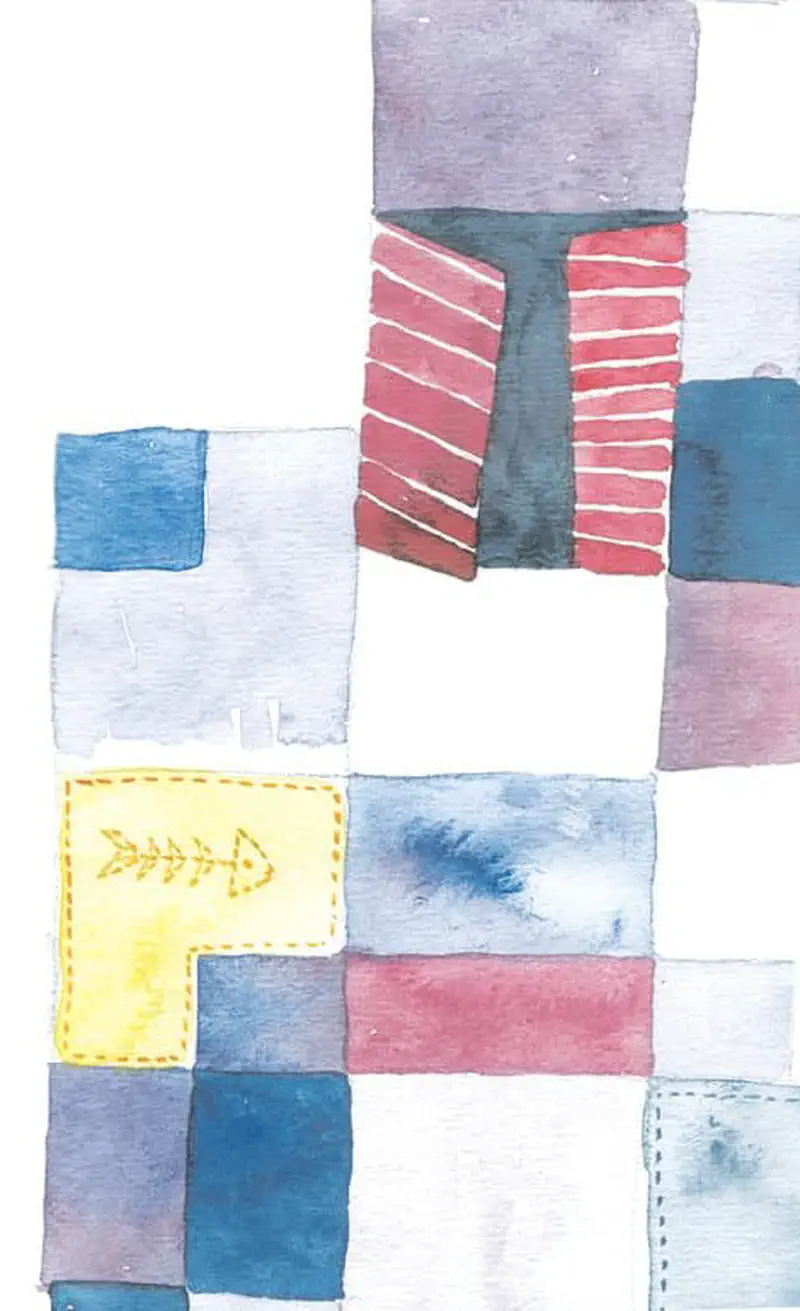 Colorful patchwork quilt pattern with blue, red striped, and yellow patches featuring fish bone stitching design
