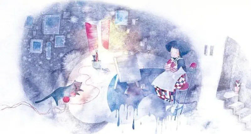 Girl in checkered pants sitting in dreamy blue room with cat playing yarn and glowing lamp nearby