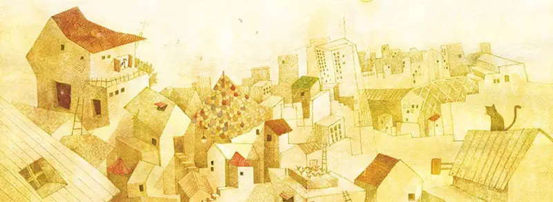 Warm sepia-toned village rooftops with various buildings, a cat silhouette, and colorful patterned tree