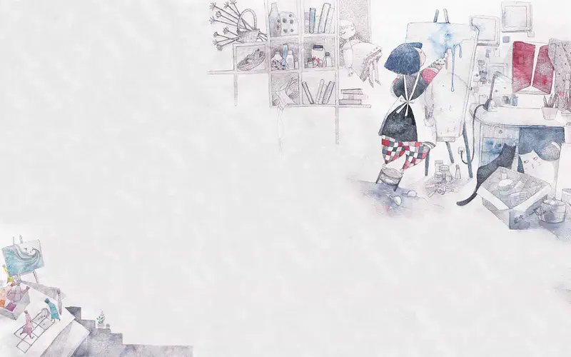 Girl in checkered pants standing in art studio with shelves of supplies, easel, black cat, and stairs below