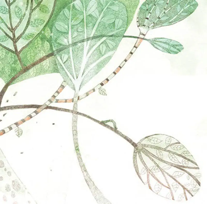 Delicate watercolor tree branches with lush green leaves spreading across soft white background