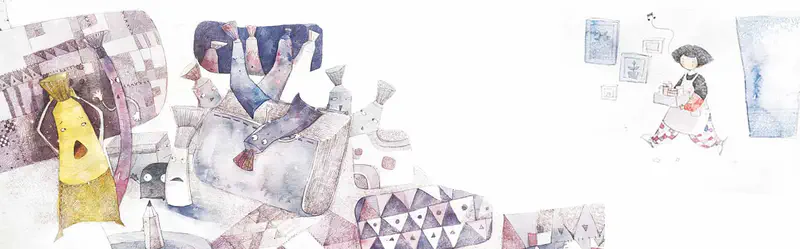 Collection of paint tubes scattered with small figures including yellow paint tube character and girl carrying boxes