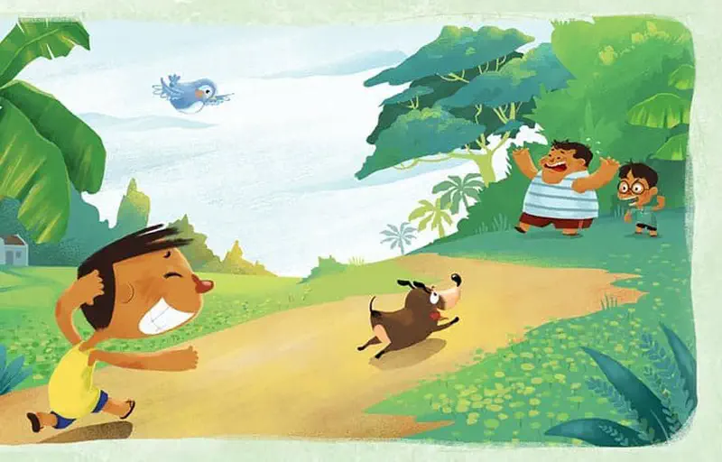 A boy in yellow shirt runs happily with his dog on a dirt path while two friends wave from the distance. A blue bird flies overhead in a tropical setting.