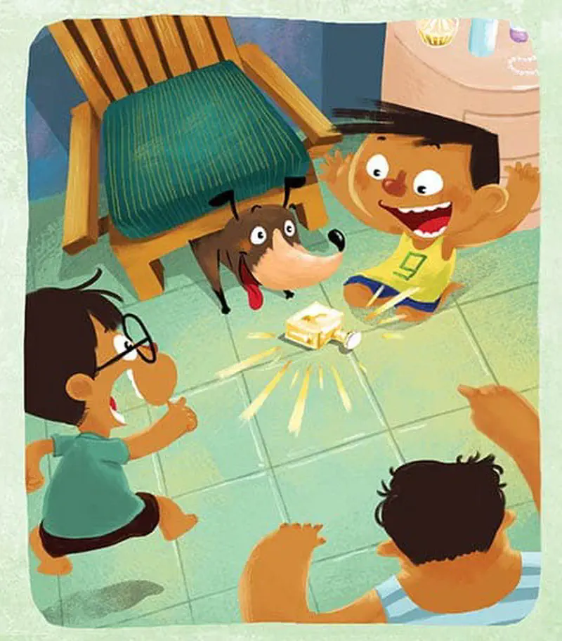 Three boys and a dog sit on the floor looking excitedly at a glowing gift in the center. They appear to be in a living room.